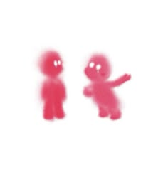 two red teddy bears are shown in this blurry image, one is pointing at the other