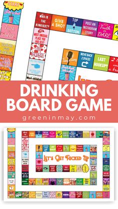 the drinking board game is shown with text overlays and an image of it