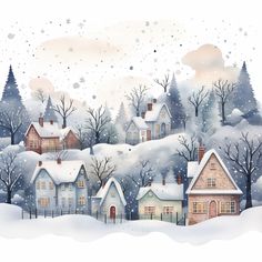 a winter scene with houses and trees covered in snow on a snowy day, illustration painting