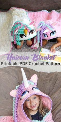 two girls wearing crocheted unicorn hats and blankets