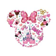 the mickey mouse ears and other items are arranged in a heart shaped pattern on a white background