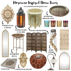 an assortment of moroccan inspired home decor including mirrors, tables and stools with text overlay