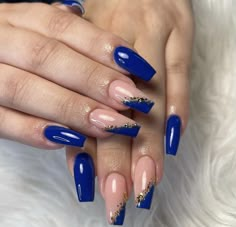 Royal Blue Nails Long Square, Classy Royal Blue Nails, Royal Blue Nails Medium Length, Dark Blue Nails Inspiration, Nails Royal Blue And Gold, Nails Ideas Royal Blue, Royal Blue Gold Nails, Blue With Silver Nails, Nails Bleu Roi