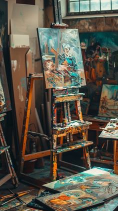 an artist's studio with easels and paintings