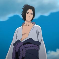 an anime character with black hair wearing a white shirt and purple gloves, standing in front of clouds