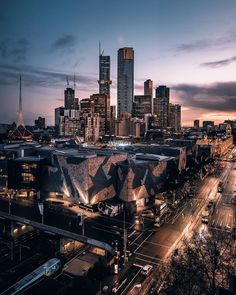 an aerial view of a city at night