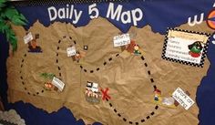 a bulletin board that has been decorated with pictures and words on it, including the map