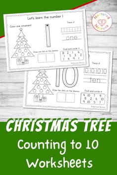 christmas tree counting to 10 worksheets with the words, numbers and letters on it