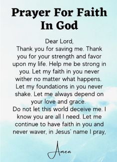 a prayer card with the words, prayer for faith in god on blue sky background