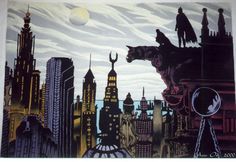 an image of a batman scene with the city skyline in the background and bats flying around