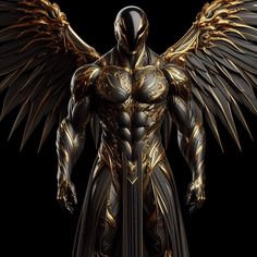 an image of a man with gold wings on his chest and arms, standing in front of a black background