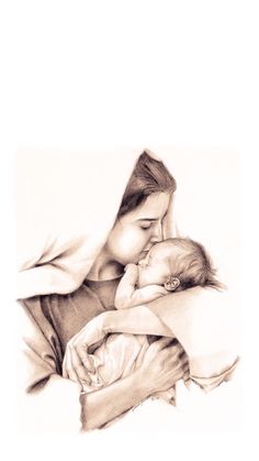 a drawing of a woman holding a baby in her arms and wrapped in a blanket