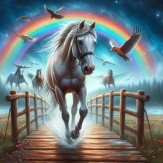 a white horse running across a wooden bridge with birds flying around it and rainbow in the background