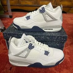 Nike Shoes Air Jordan 4 Retro “Midnight Navy” This Pair Is Brand New And Is A Men’s Size 12! Midnight Blue Jordan 4, Nike Shoes Air, Blue Jordans, Jordan 4s, Cute Nike Shoes, Shoes Air, Jordan 4 Retro, Air Jordan 4, Cute Nikes