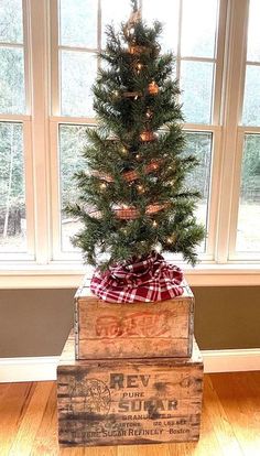 a small christmas tree sitting on top of a wooden box in front of a window