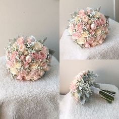 three pictures of a bridal bouquet sitting on a towel with flowers in the middle