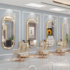 the salon is decorated with mirrors and chairs