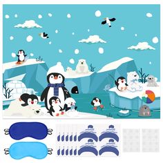 penguins and polar bears in the snow with blue eyeshades, one penguin is on an ice floe