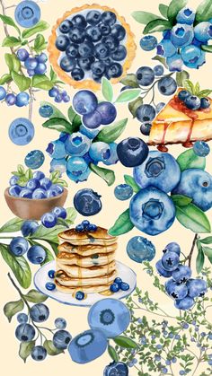 a painting of blueberries and pancakes on a plate