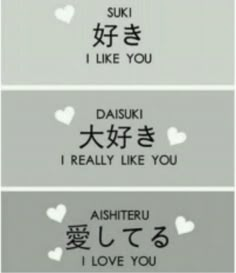 three different signs with the words i love you and daisuki, i really like you