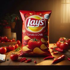 a bag of lays tomato and chilli chips sitting on a table next to tomatoes