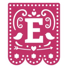 the letter e with two birds and hearts on it's border is shown in pink