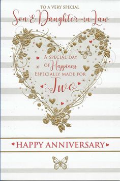 an anniversary card with a heart on the front and two hearts in the middle, surrounded by butterflies