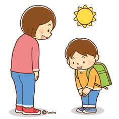 a woman standing next to a boy with a backpack