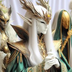 two mannequins dressed in green and gold with long white hair, one wearing a golden crown