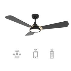 a black ceiling fan with three remote controls on the blades and an appliance