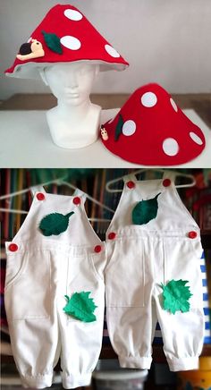 two pictures of children's clothing made to look like mushrooms