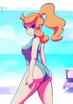 a cartoon girl in a bathing suit walking on the beach with an orange cat above her head