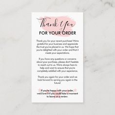 a thank card with the words thank you for your order written in pink and black