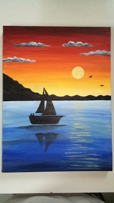 a painting of a sailboat in the ocean at sunset