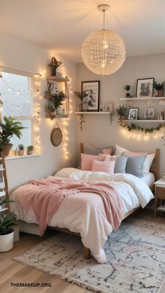 a bedroom decorated in pink and grey with lights on the wall above the bed, potted plants and other decorations