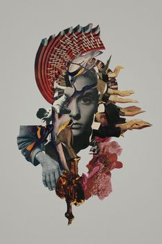 a collage of various images and shapes in the air with a woman's face surrounded by flowers