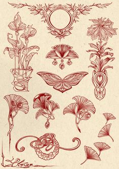 a bunch of flowers that are drawn on paper