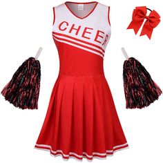 a cheerleader outfit with red and black pom poms