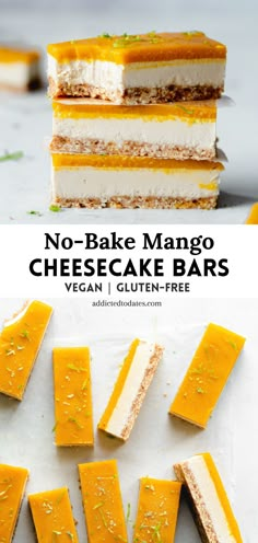 no - bake mango cheesecake bars stacked on top of each other with the title text overlay