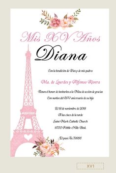 a pink and white wedding card with the eiffel tower in paris, france