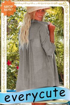 Gray Lightweight Shirt Style Beach Cover Up Casual Beach Shirt With Roll-up Sleeves, Casual V-neck Shirt For Beach Season, Summer V-neck Shirt For Vacation, Vacation Shirt For Beach Season, Gray Short Sleeve Beach Top, Casual V-neck Shirt For Beach, Casual V-neck Beach Season Shirt, Summer Tops For Beach Season Daywear, Casual Collared Blouse For Summer