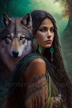 a painting of a woman with long hair holding a wolf in front of a forest