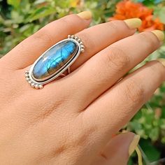 Handmade labradorite  bohemian ring  , you can wear this ring as a party wear ring .. Title -labradorite stone ring  Stone color - blue  Stone shape - oval Material - Sterling silver 925 Note - This is natural stone so shade may be little bit different .. we are giving you best quality rings on best price .. contact us for more quantity Bohemian Turquoise Open Ring With Natural Stones, Bohemian Moonstone Ring In Sterling Silver, Bohemian Open Ring Turquoise Gemstone, Bohemian Oval Crystal Ring With Natural Stones, Bohemian Jewelry With Large Moonstone, Bohemian Oval Labradorite Jewelry, Oval Bohemian Crystal Ring With Natural Stones, Bohemian Moonstone Crystal Ring With Gemstone, Bohemian Moonstone Jewelry With Large Stone