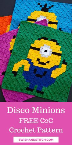 three lego minion coasters with the text, free crochet pattern