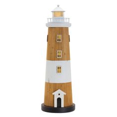 a white and brown lighthouse with a light house on it's side, against a white background