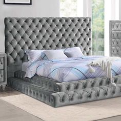 Stefania Gray Eastern King Bed - Ornate Home Gray Upholstered Bed, Glam Bed, Upholstered Bedroom Set, Low Profile Platform Bed, Upholstered Bedroom, King Bedroom Sets, Bedroom Sets Queen, Bedroom Panel, California King Bedding