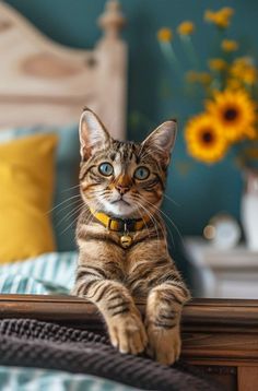 a cat sitting on top of a bed next to a yellow flower vase and blue wall