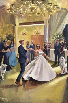 a painting of a bride and groom dancing in front of their guests at a wedding