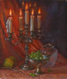 a painting of candles and fruit on a table