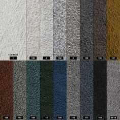 the colors of carpet are shown in different styles and sizes, including brown, blue, green